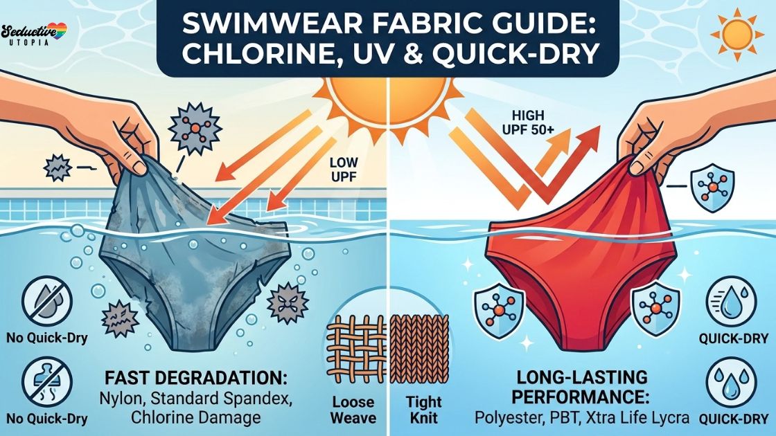 Infographic comparing a faded, chlorine damaged swim brief with low UV protection to a durable red swim brief with UPF 50+ and quick dry fabric.