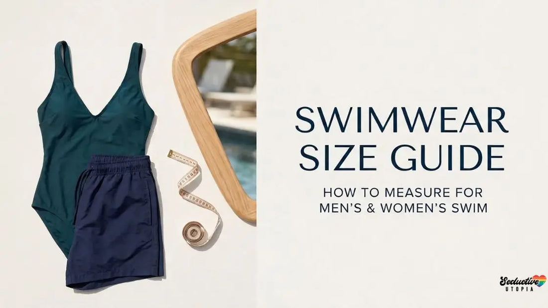 Flat lay of a teal one piece swimsuit, navy swim shorts and a tape measure next to a wooden framed mirror reflecting a pool.