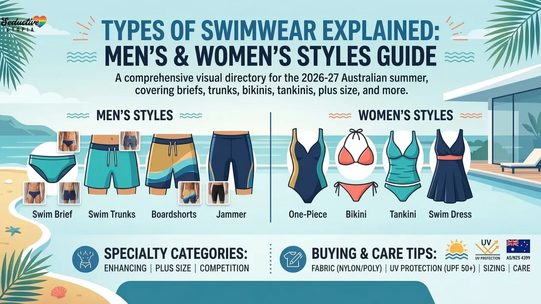 Infographic illustrating swimwear types, including men's briefs, trunks, boardshorts and jammers, and women's one pieces, bikinis, tankinis and swim dresses.