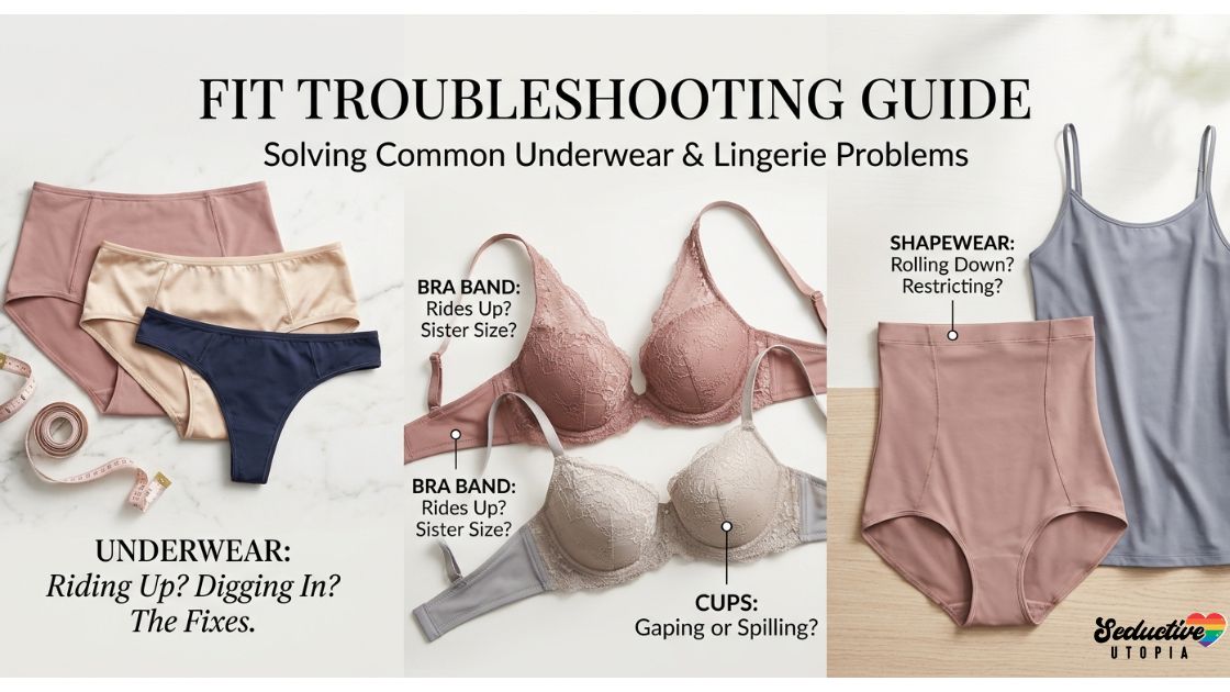 Underwear, bras, and shapewear displayed with labels highlighting common fit issues and practical solutions