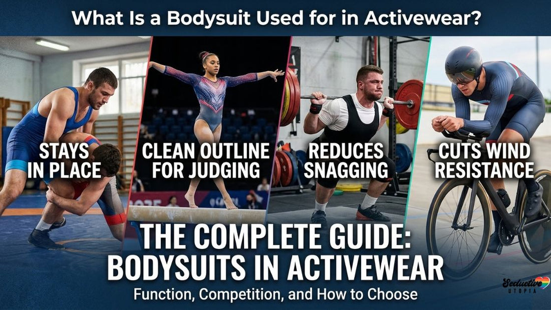 Activewear bodysuit uses: a wrestler, gymnast, powerlifter and track cyclist each wearing a one-piece suit
