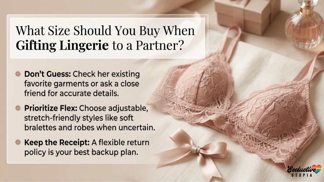 Lingerie gift guide showing what size to buy for a partner with pink lace lingerie and gift items