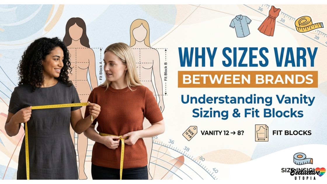 Women measuring waist and hip dimensions with tape measures alongside clothing size and fit block visuals.