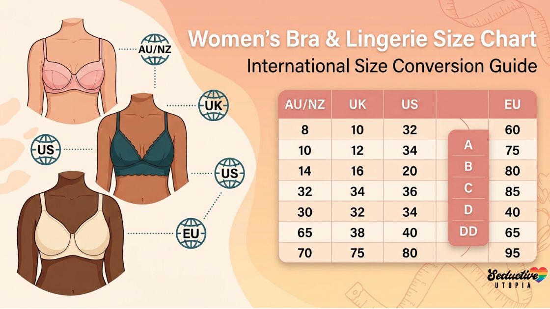 Women's Bra & Lingerie Size Chart showing international AU, UK, US and EU sizing by band and cup measurement