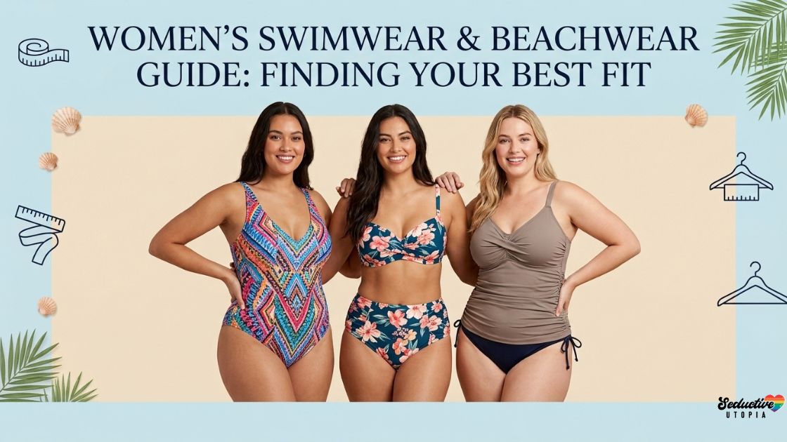 Three women modelling different swimwear styles: a printed one piece, a floral bikini and a tankini, with tape measure and hanger icons on a beach themed background.