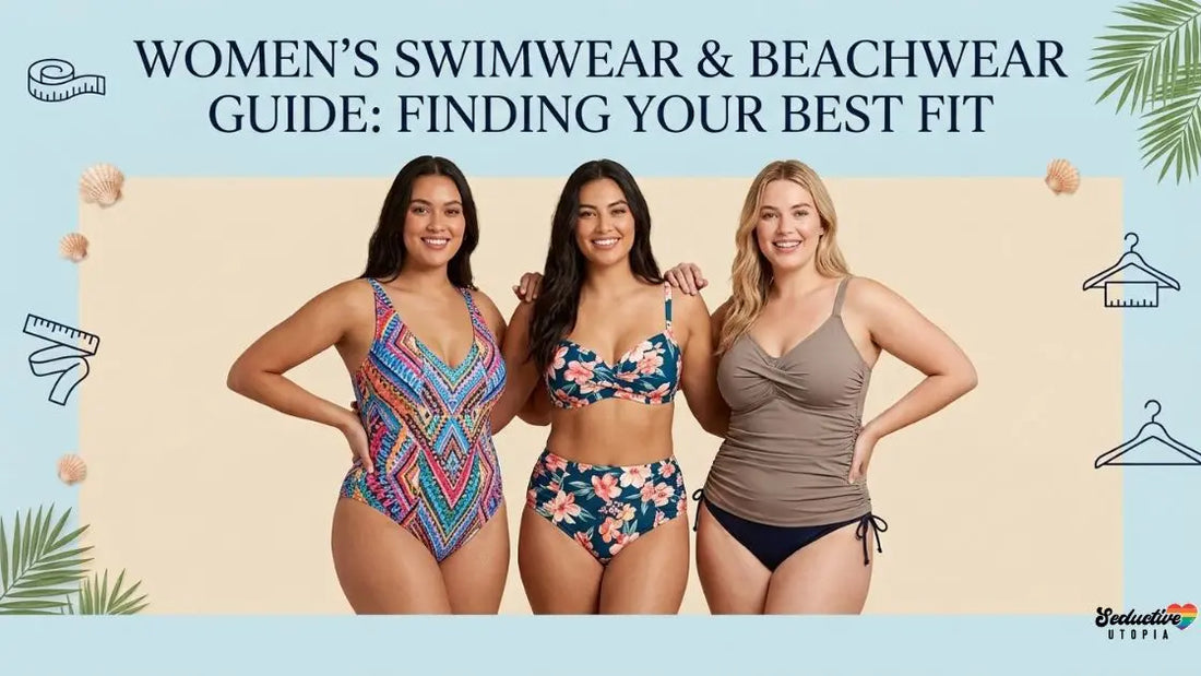 Three women modelling different swimwear styles: a printed one piece, a floral bikini and a tankini, with tape measure and hanger icons on a beach themed background.