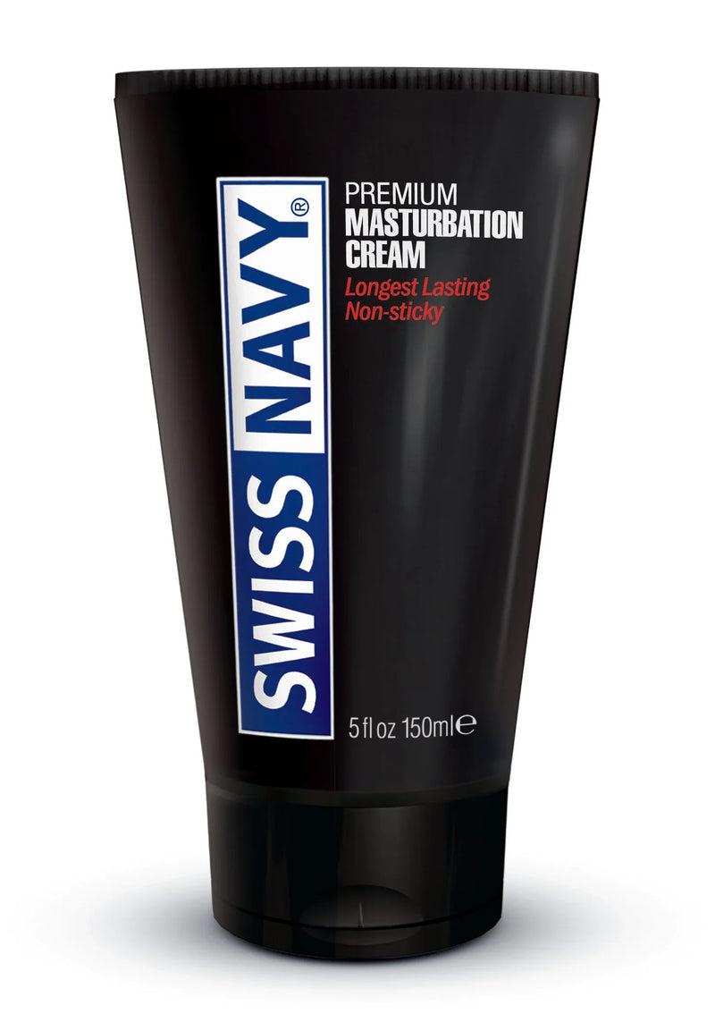 Black tube of swiss navy premium masturbation cream 5 fl oz with ribbed cap and bold white and blue branding