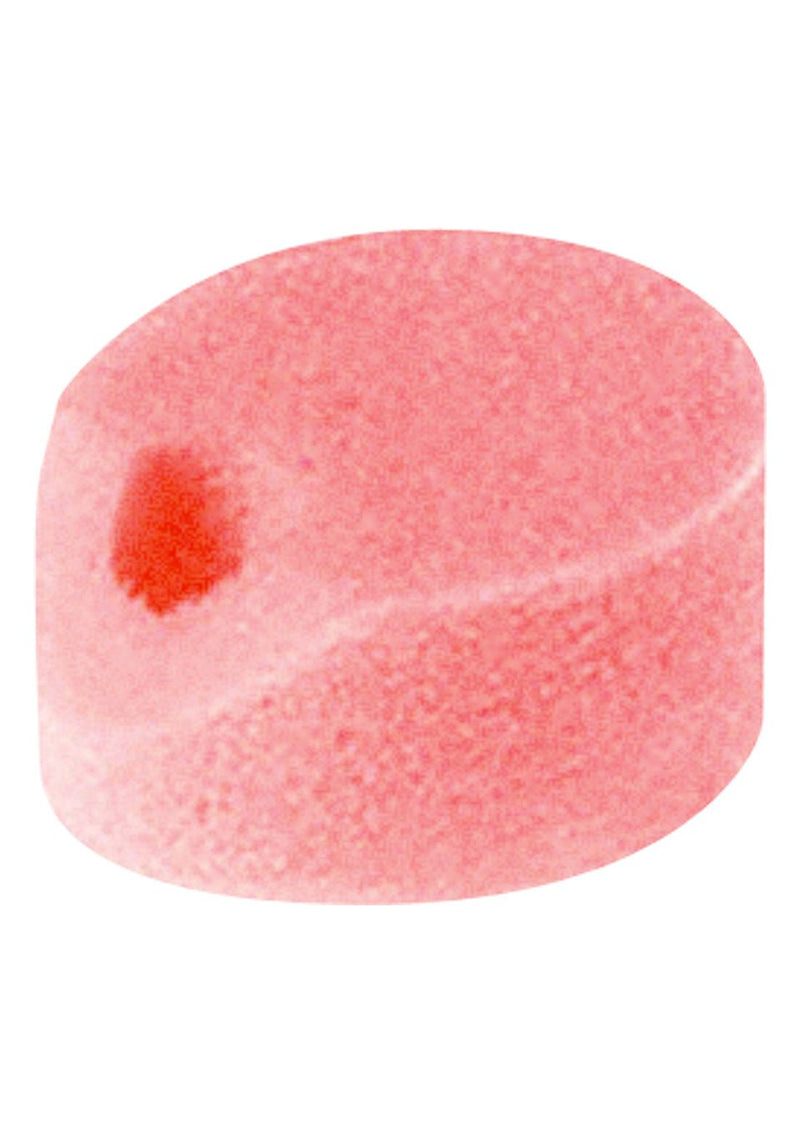 Pink round textured candy with a small red spot shown in a tampon sponge collection