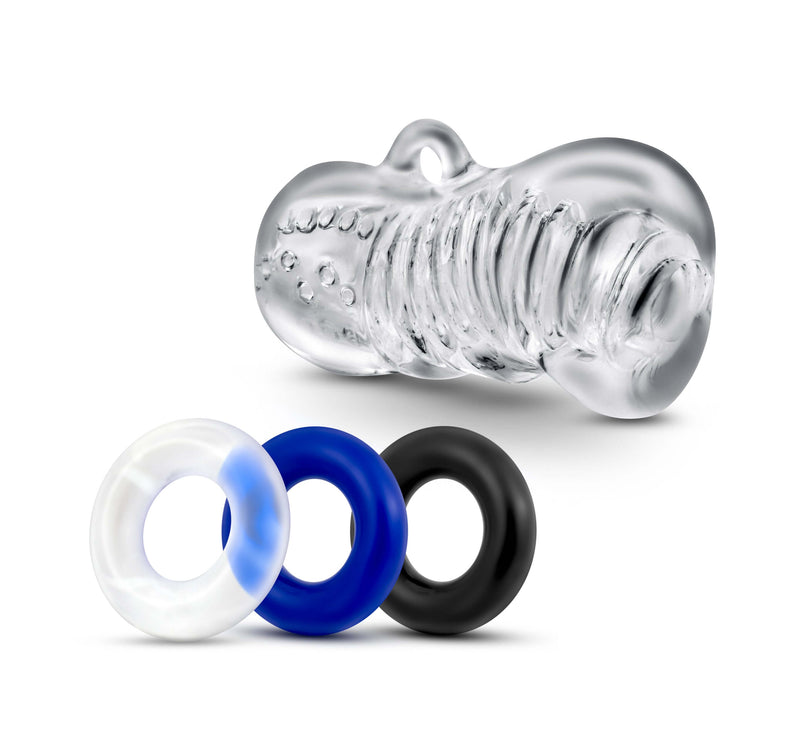 Clear transparent silicone cock ring with textured ridges and small loop in adult toys collection