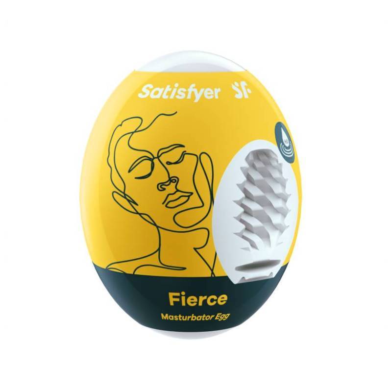 Yellow and black satisfyer sf fierce masturbator egg with white textured ridged interior from eggs collection