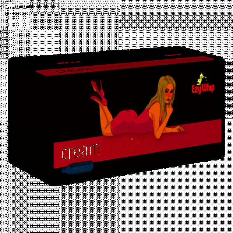 Red and black cardboard box with a cartoon woman in pink lingerie and ezy whip brand in chargers and dispensers collection