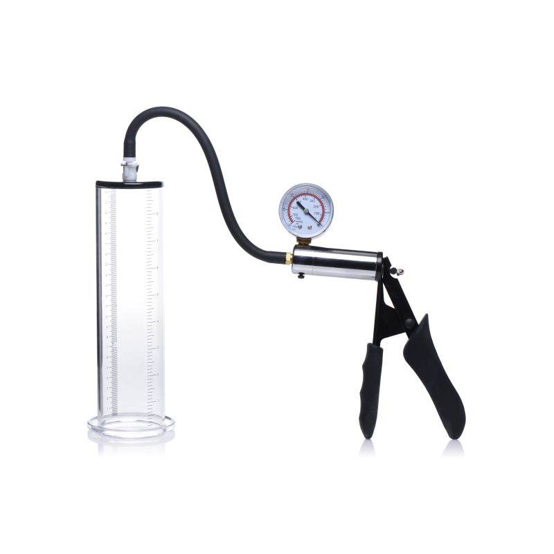 Clear glass vacuum pump with black rubber hose handle and pressure gauge on metallic cylinder in pumps collection