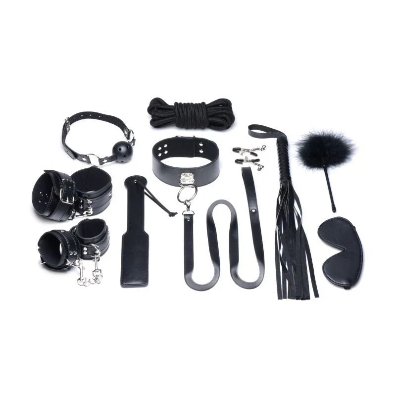 Black leather bondage set with metal hardware and a fluffy feathered end for BDSM use