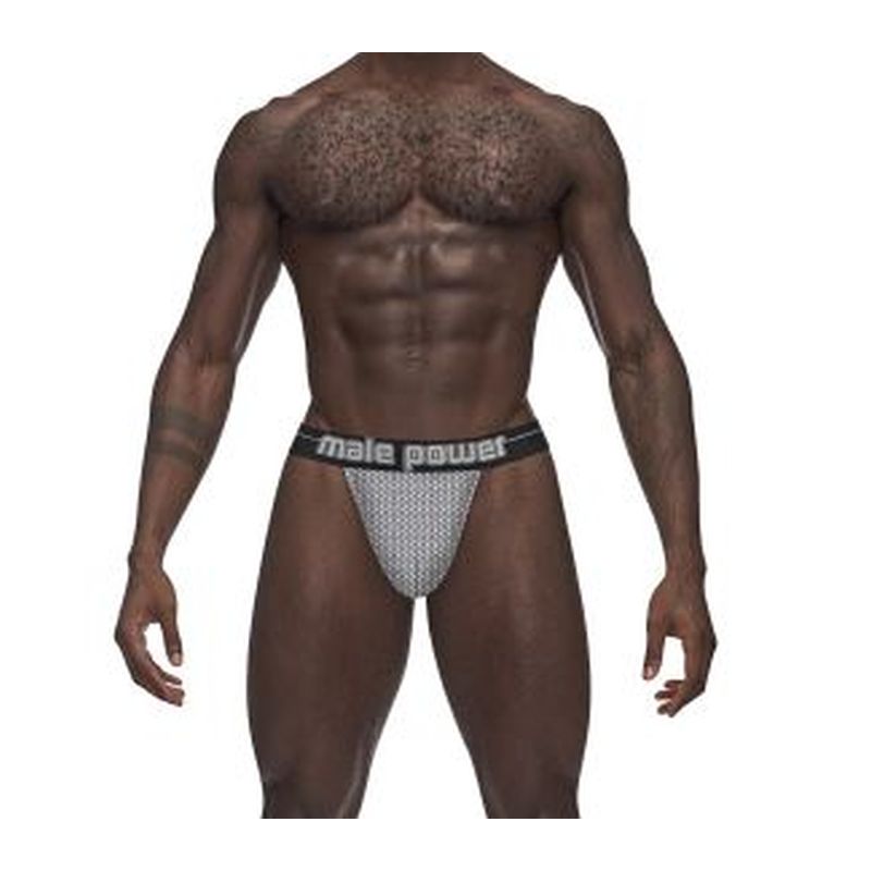 Black and silver mesh briefs with male power branding on the waistband from the men’s sexywear collection
