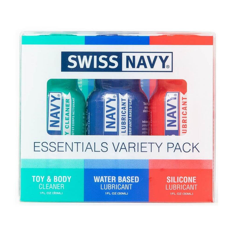 Swiss navy essentials variety pack with three 1 fl oz bottles in green, blue, and red for body care use