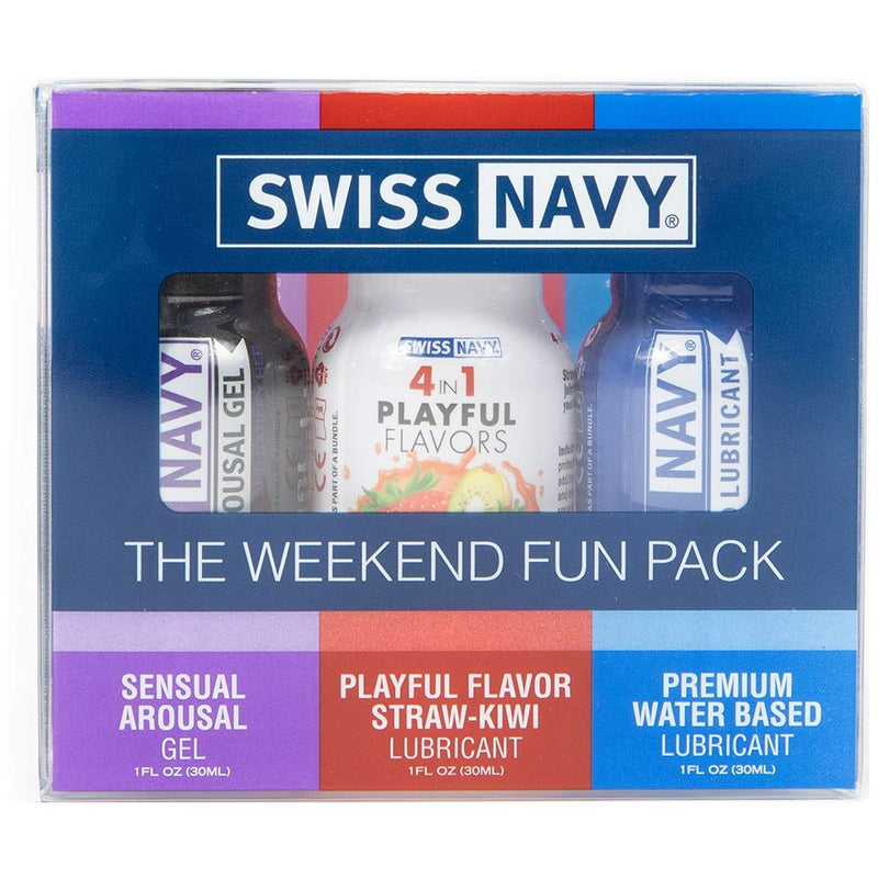 Swiss navy weekend fun pack of three 1 fl oz lubricants including purple arousal gel, strawberry-kiwi flavor, and blue water-based lubricant