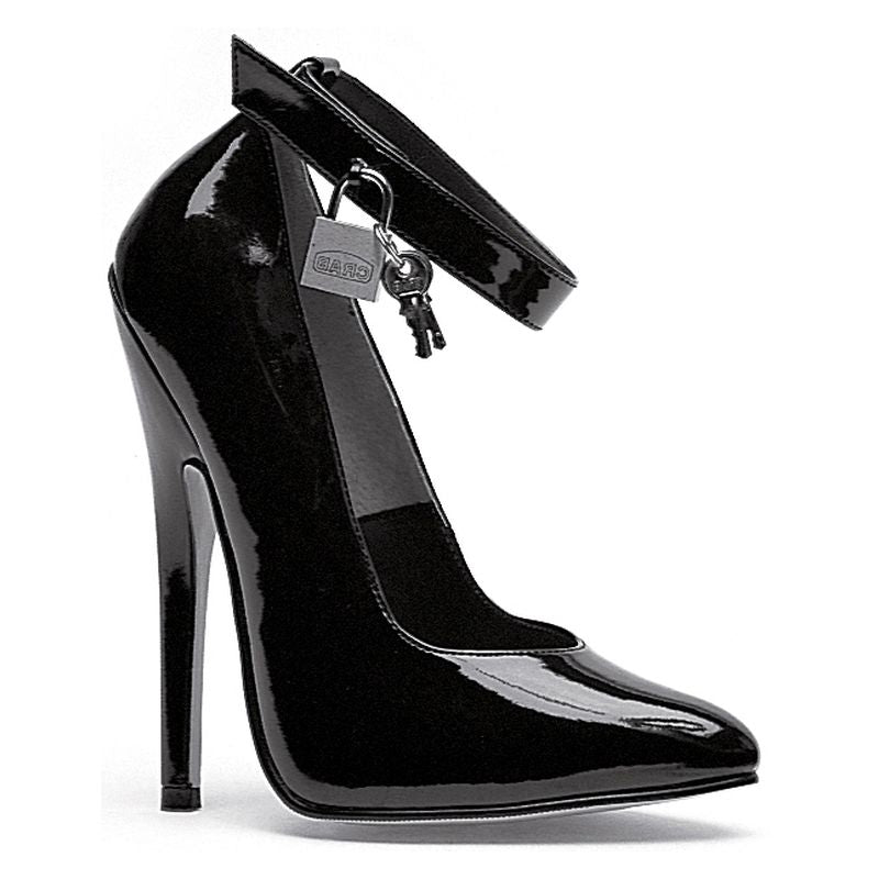 Black patent leather high-heeled pump with ankle strap and silver padlock and keys in shoes collection