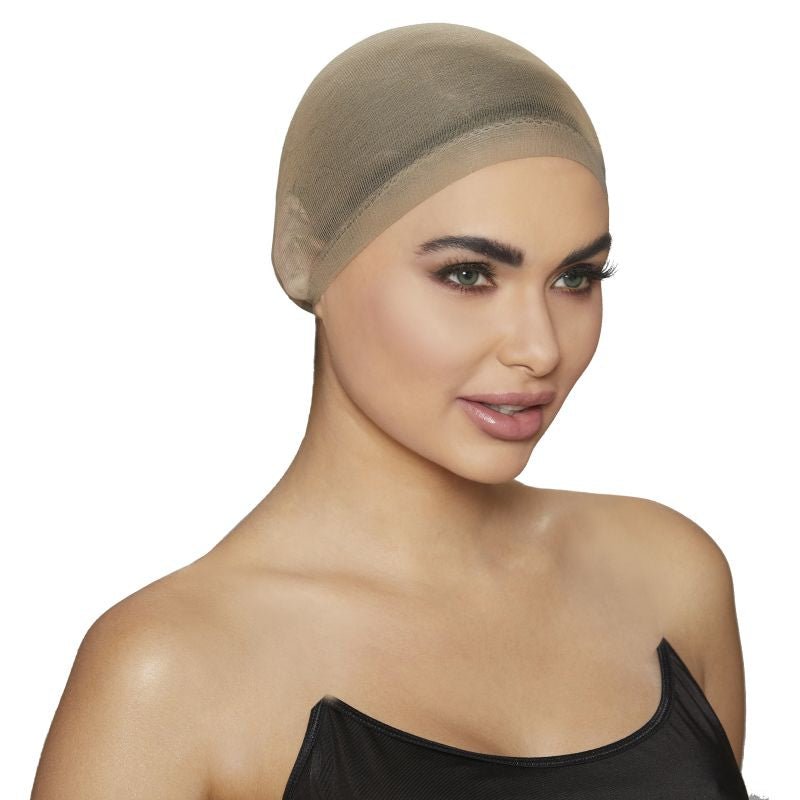 A sheer nude-colored mesh wig cap made for seamless hair coverage in a wigs collection