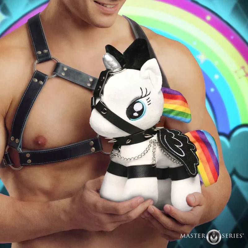 White plush pony with black leather harness and rainbow-colored wings from games novelty collection
