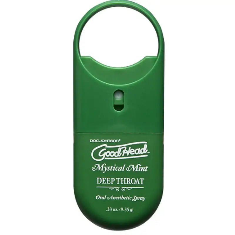 Green plastic handheld oral anesthetic spray with loop handle labeled goodhead mystical mint deep throat by doc johnson