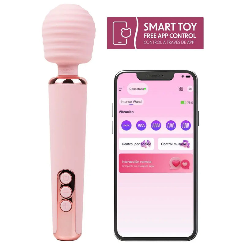 Pink ribbed wand massager with rose gold buttons next to smartphone screen.