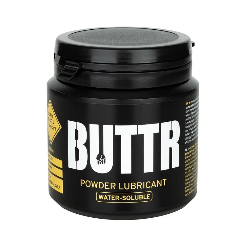 Black plastic jar with white text labelled powder lubricant against white background.