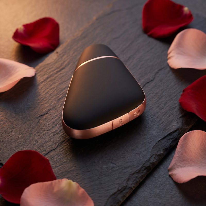 Matte black and rose gold app-controlled personal massager with wireless control panel and sculpted ergonomic silhouette