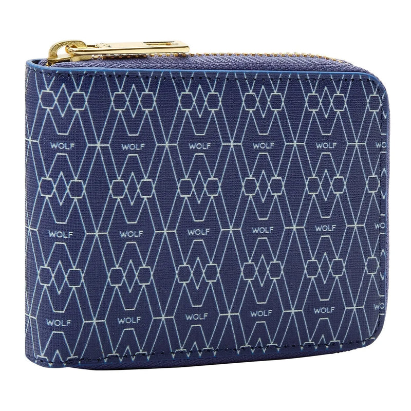 Navy blue patterned zip-around wallet with gold-tone zipper on white background.