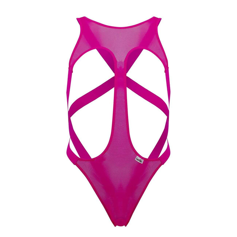 Bodywear & Lounge pink mesh one-piece swimsuit showcasing stylish back design.