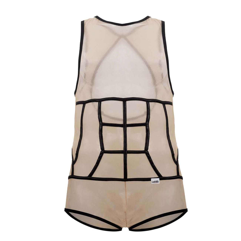 Beige mesh tank top with black outlined abdominal muscle design from SeductiveUtopiaAPAC.com sexy men’s bodysuits collection