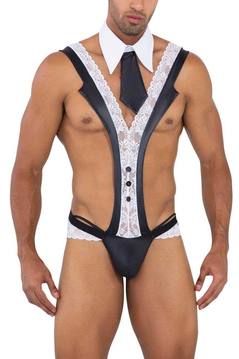 Black lace-trimmed men’s formal bodysuit with satin straps and white collar from SeductiveUtopiaAPAC.com collection