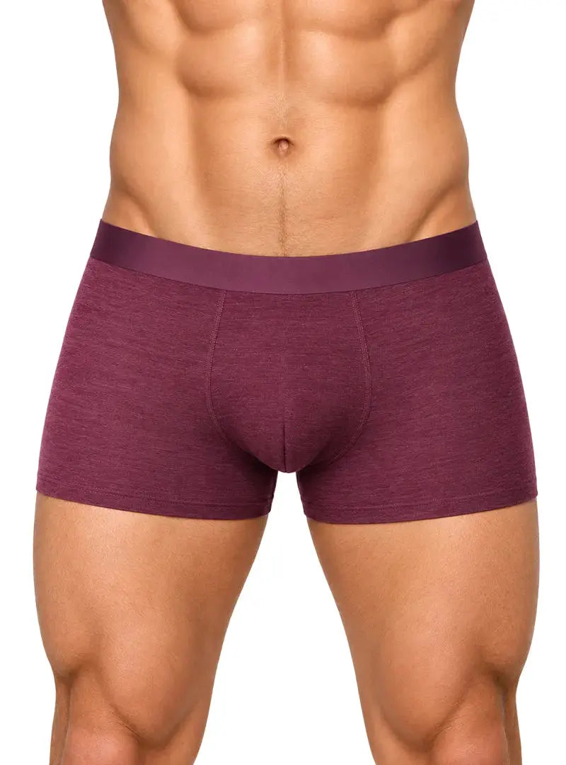 Muscular man wearing dark red marle boxer briefs against white background.