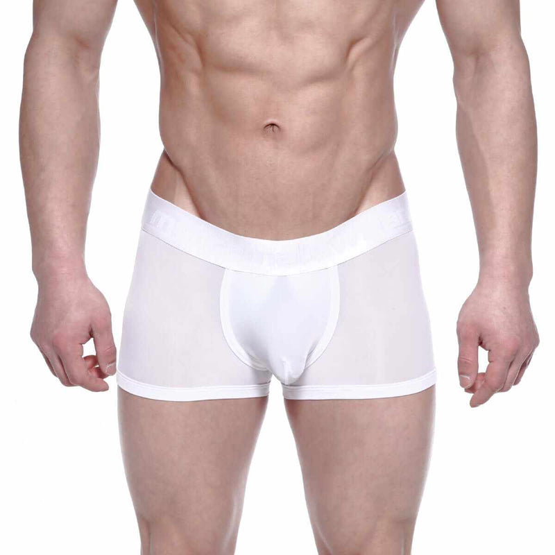 White sheer boxer briefs with solid white waistband and leg openings from seductiveutopiaapac.com sexy men’s shapewear
