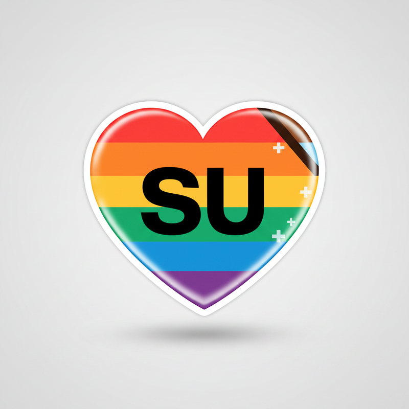 Heart graphic with rainbow stripes and the text 'SU', symbolizing pride and diversity for The New Arrivals Edit.
