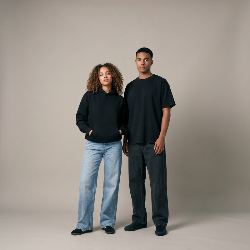 Model wears a charcoal oversized cotton t-shirt against a plain white background.