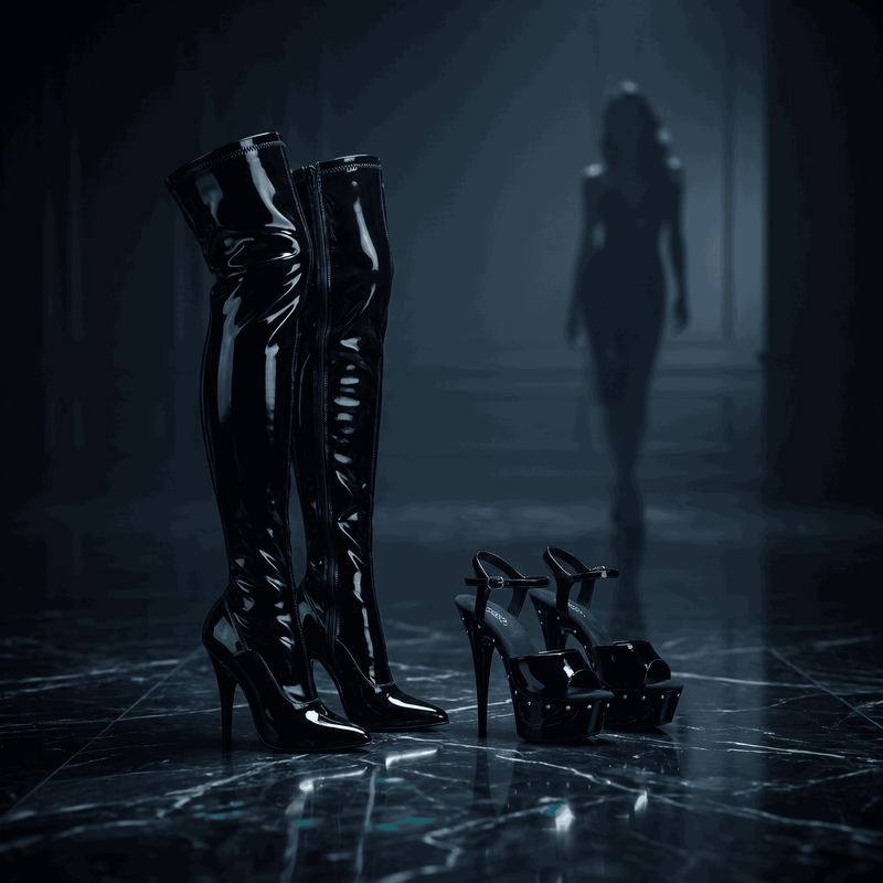 Black stiletto boots and rhinestone sandals in foreground, stylish woman in luxury studio — women's accessories