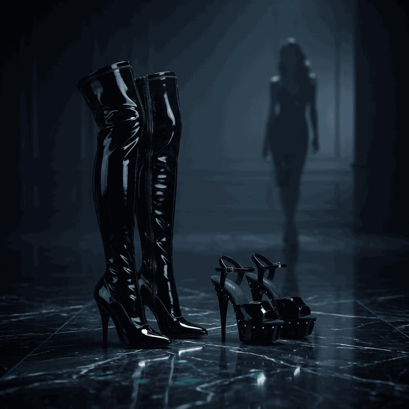 Black stiletto boots and rhinestone sandals in foreground, stylish woman in luxury studio — women's accessories