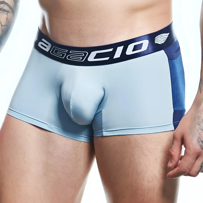 Light blue boxer briefs featuring darker blue mesh side panels and waistband.