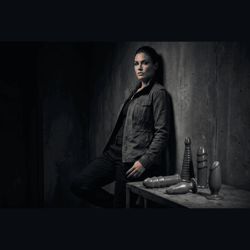 Confident woman with American Bombshell gunmetal grey anal toys in a dark, moody editorial lifestyle setting.