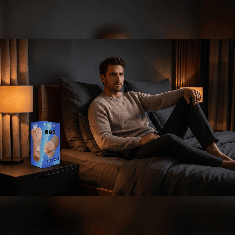 Man relaxing on dark linen bed in moody bedroom with Amovibe intimate toy on bedside table, lifestyle photo