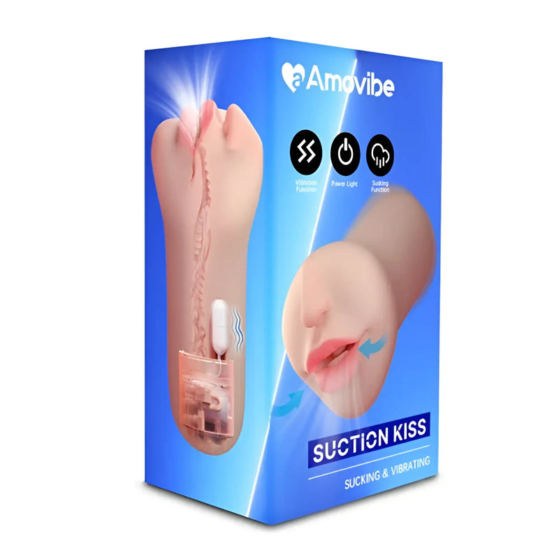 Amovibe Suction Kiss sucking vibrating masturbator in flesh tone, shown with vibration and suction function icons.
