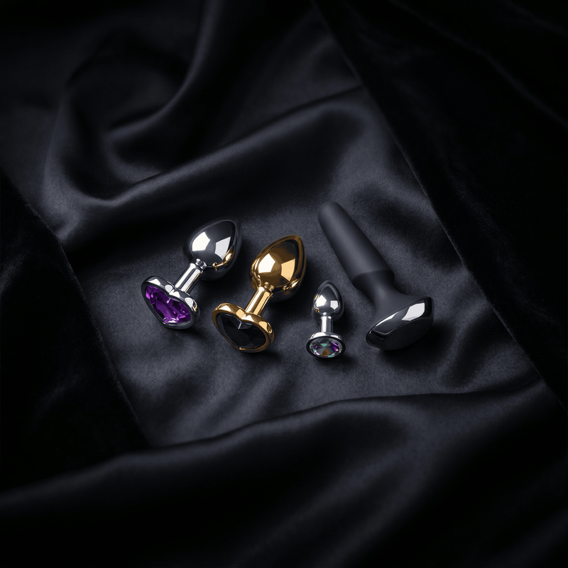 Premium anal plug collection — silver, gold and black silicone plugs with jewelled bases arranged on dark satin