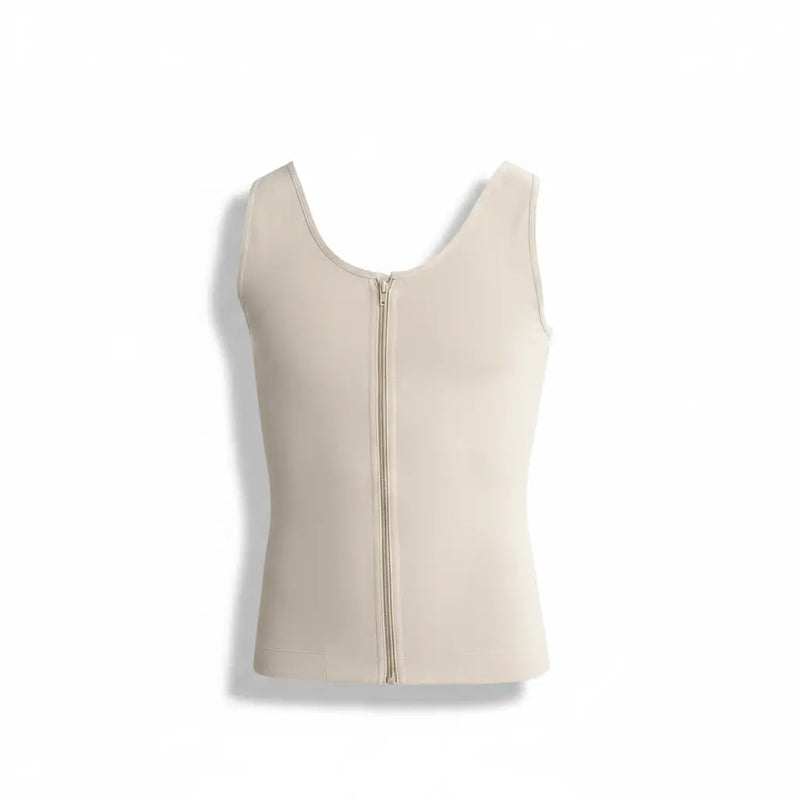 Cream-colored zippered waist trainer worn by a man from the Ann Chery collection for body shaping.