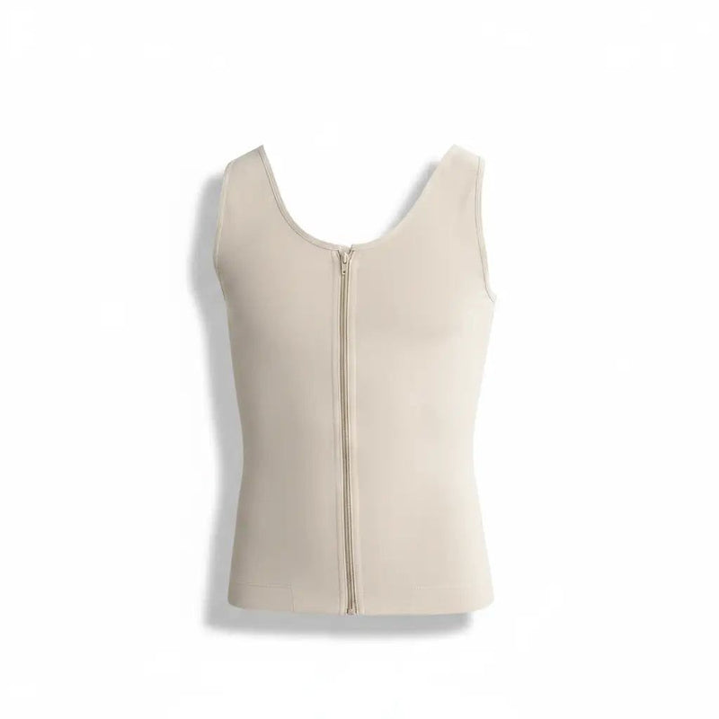 Cream-colored zippered waist trainer worn by a man from the Ann Chery collection for body shaping.
