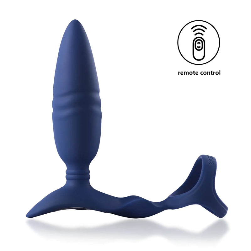 Arosum Ring-N-Rear midnight blue silicone dual thrusting anal probe with cockring and wireless remote control