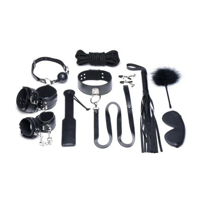 Black leather bondage set with metal hardware and a fluffy feathered end for BDSM use