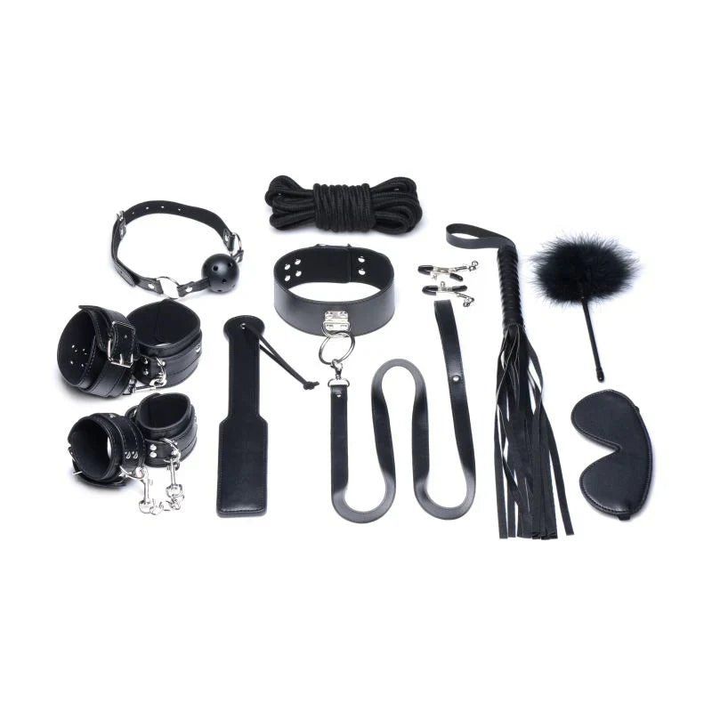 Black leather bondage set with metal hardware and a fluffy feathered end for BDSM use