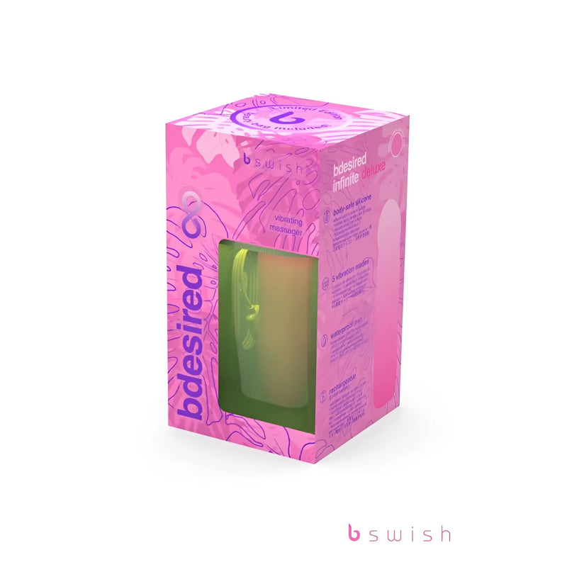 A rectangular pink box features floral patterns and a clear viewing window.