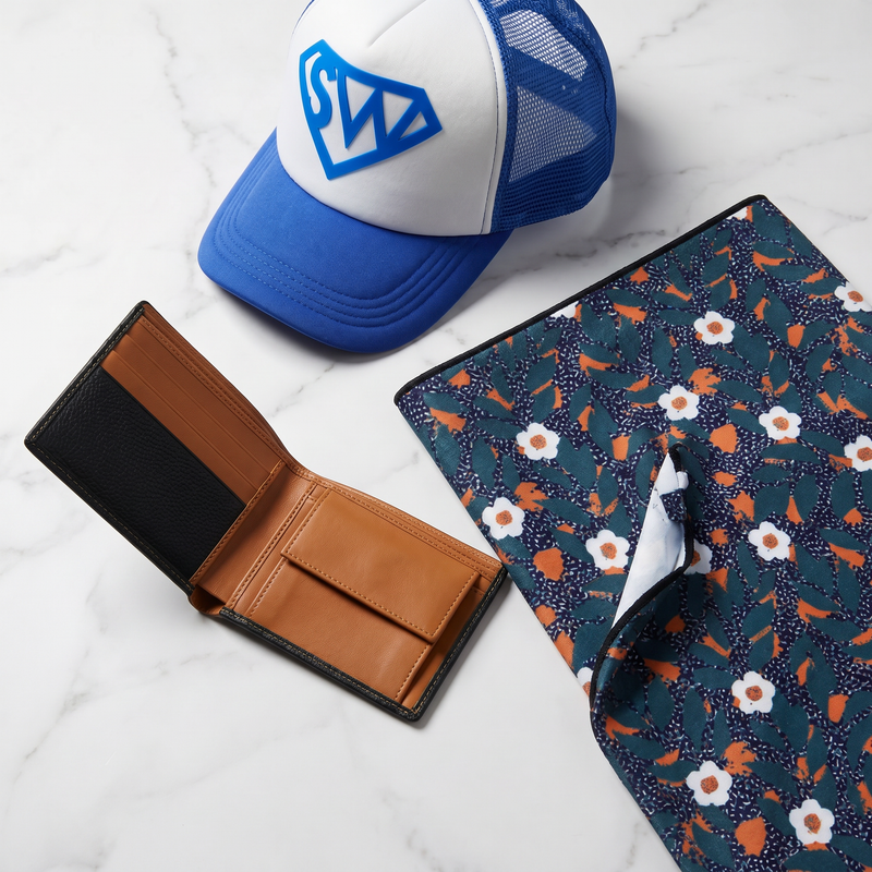 Accessories (Men's) collection — leather wallet, patterned beach towel, and trucker cap styled flatlay
