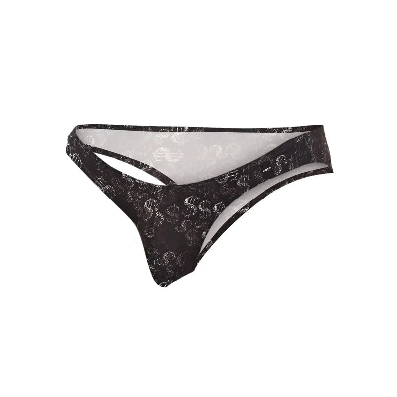 Black underwear featuring a white dollar sign print against a solid white background.
